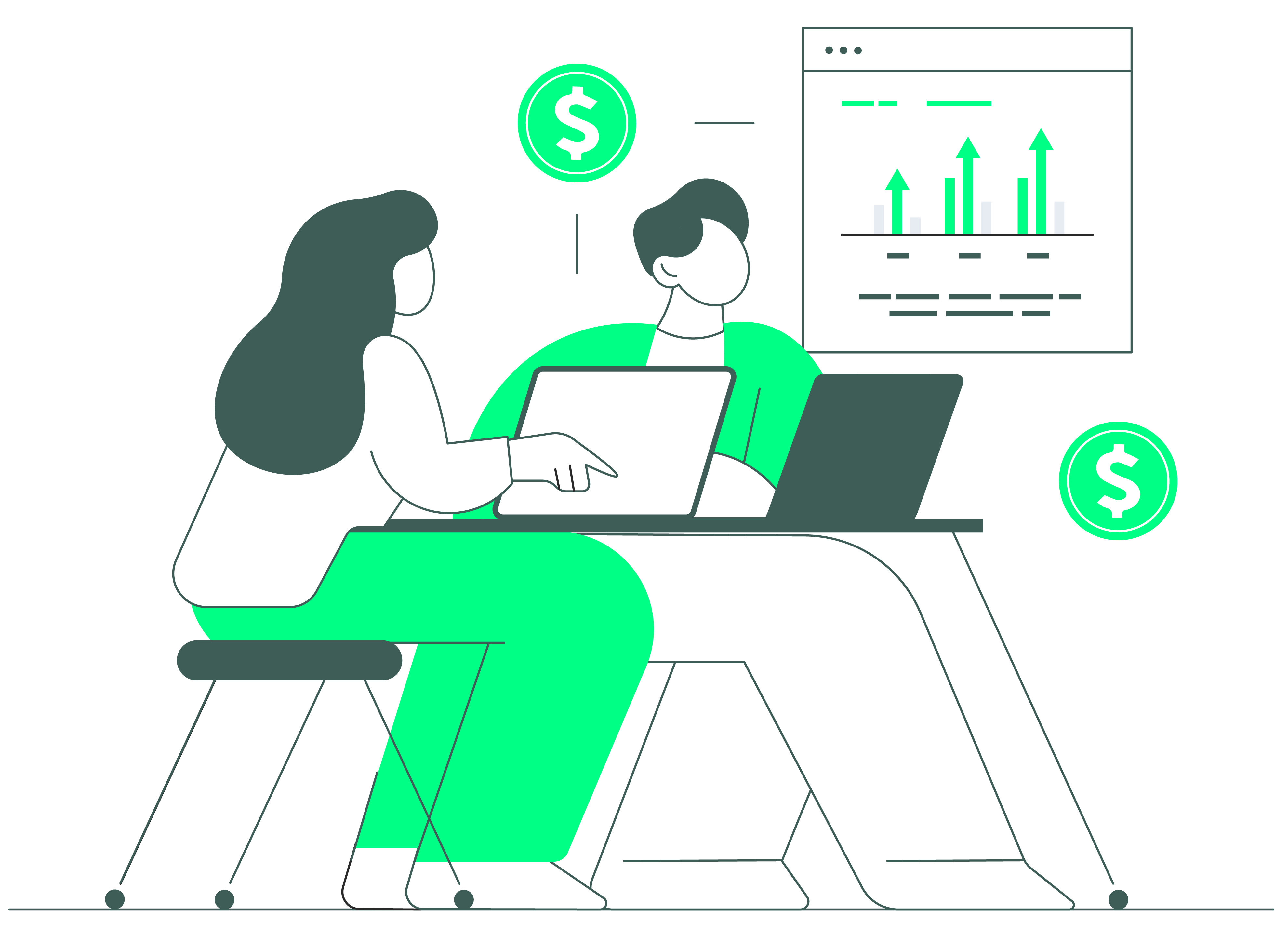 illustration of two people at a desk with laptops open and a financial chart in the background