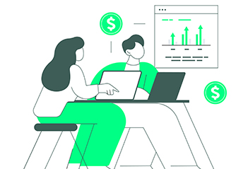 illustration of two people at a desk with laptops open and a financial chart in the background_351x246.