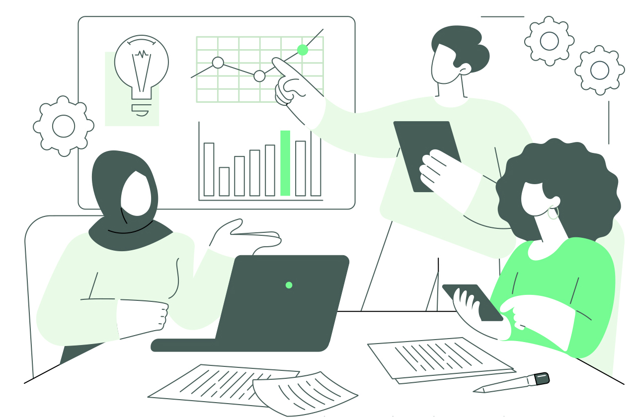 illustration of three people working in an office.